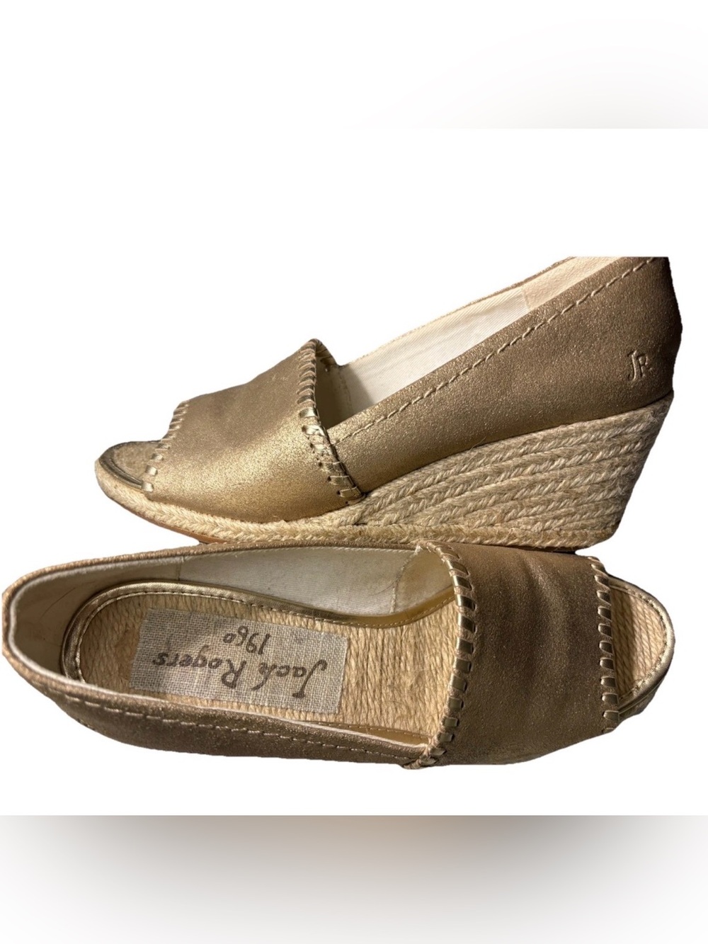 Jack Rogers 1960 Metallic Gold Espadrille Peep Toe Flats Sz 8